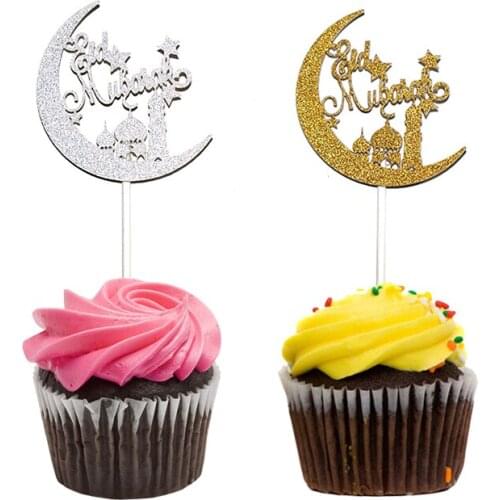 20pcs Gold Silver happy Eid Mubarak cupcake toppers, Crescent Glitter Muslim Ramadan party decoration, food treat fruit picks