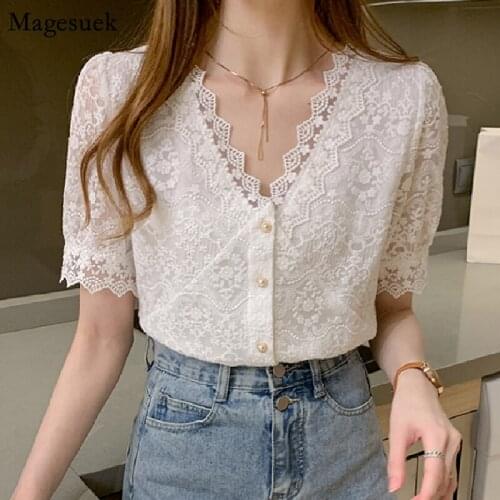 2021 Summer Korean V-neck Lace Stitching Woman Shirt Short Sleeve Hollow Embroidery Blouses Fashion Elegant Tops Blusas 13985