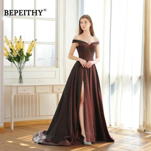 BEPEITHY Abendkleider Off The Shoulder Long Prom Dresses High Slit Red Glitter Reflective Evening Dresses 2020 Robe De Soiree