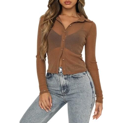 Fashion Female Shirt Solid Color Y2K Turn-Down Collar Long Sleeve Tops See-Through Blouse for Women 90s Girls Club Streetwear
