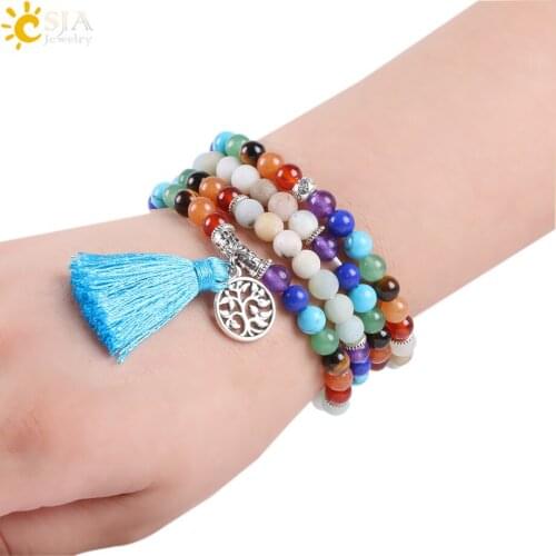 CSJA 7 Chakra Natural Amazon Stone Bracelets 6mm Tibetan 108 Prayer Mala Bead Meditation Reiki Healing Yoga Balance Jewelry E661
