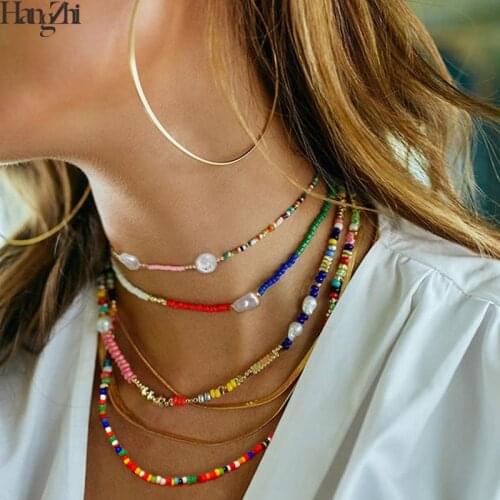 HangZhi 2020 New Bohemian Colorful Beads Weaving Handmade Baroque Simulated Pearl Necklace Clavicle Chain Choker Jewelry