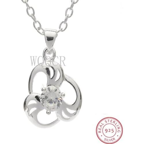 100% 925 Sterling Silver Trefoil Flower-shaped Center with Crystal Stone Ladies High-end Valentines Day Pendant Necklace