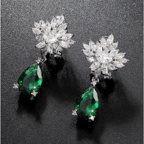 COCOM Fashion Green Water Drop Cubic Zircon Dangle Earrings 2021 Trend Crystal Flower Unusual Earrings for Women and Girls