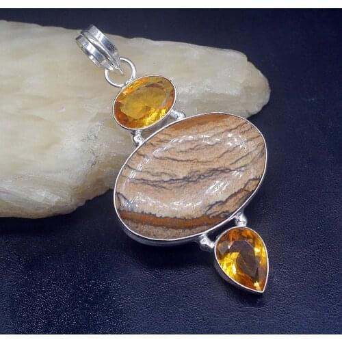 Gemstonefactory Jewelry Big Promotion 925 Silver Natural Ocean Jasper Yellow Citrine Women Ladies Gifts Necklace Pendant 0901
