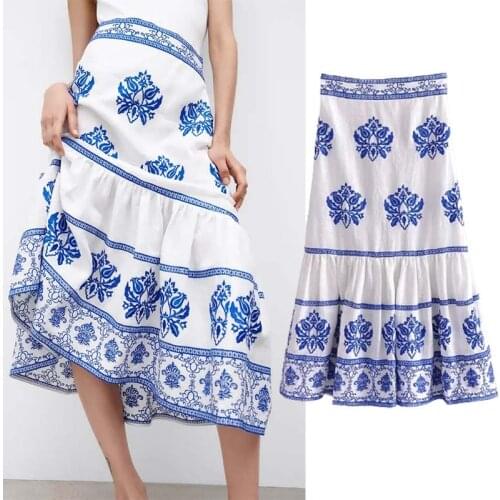 Klkxmyt Za 2021 Skirt Women Blue Embroidered High Waist Long Skirts Woman Ruffle Boho Summer Skirts Ruched Vintage Midi Skirt