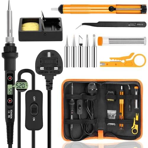 Soldering Iron Kit 80W LCD Welding Tools Adjustable Temperature 180-520°C and ON/Off Switch,Desoldering Pump,5 Soldering Tips,So