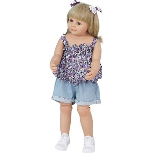 NPK Reborn Baby Doll 87cm Vinyl Full Body Lifelike Girl Doll Can Stand Bath Dolls with Purple Floral Halter Top and Denim Shorts