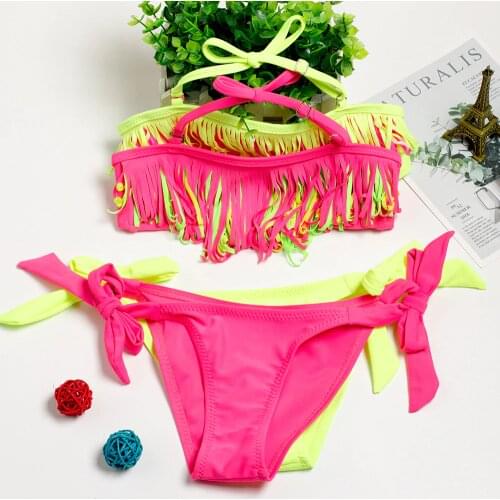 2019 Girl Swimsuit Two Pieces Childrens Swimwear Tassel Children Split Hollow Falbala Bikini Sets Bathing Suit G1-CZ912