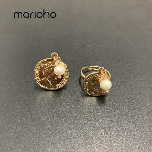 Marioho New Arrivals Trendy Fashion Golden Metal Alloy Compass Retro Big Round Finger Coin Pearl Ring Girlfriend Jewelry Gift