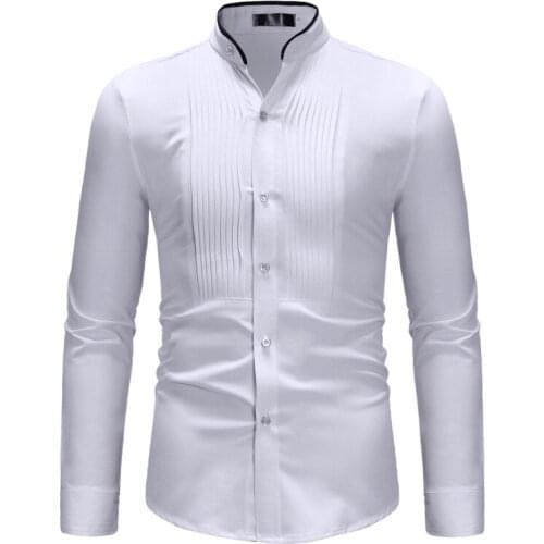 Mens Pleat Collar Dress Shirts 2020 Autumn New Slim Fit Long Sleeve Tuxedo Shirt Men Wedding Party Club Party Social Shirt Male