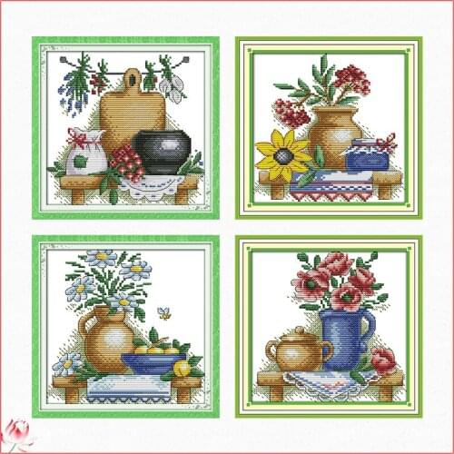 The Teapot With Flowers Cross Stitch Kit 14ct 11ct Printed Fabric Embroidery Kit DIY Handmade Needlework Craft Home Decoration