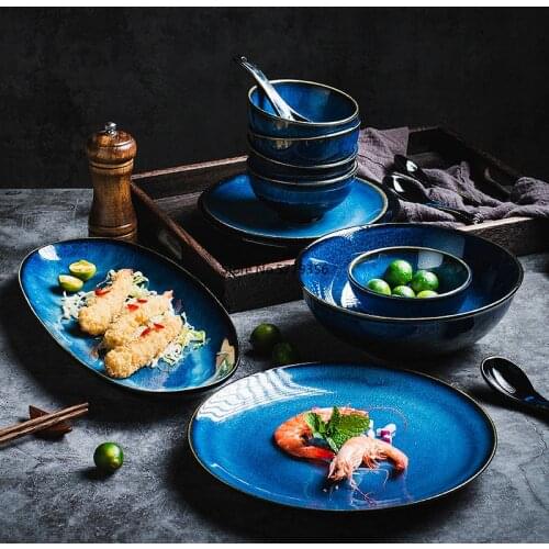 Japanese Blue Kiln Glazed Ceramic Tableware Set Rice Bowl Plate Spoon Udon Ramen Soup Bowl Dish