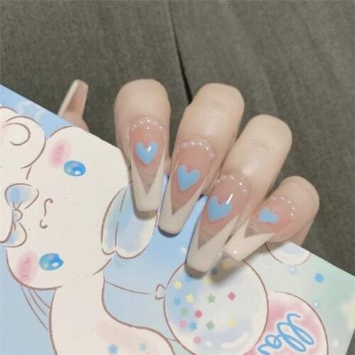 24pcs Long Ballerina False Nails V Shape Simple Heart Wearable Coffin Heart Fake Nails Full Cover Ballet Nail Tips