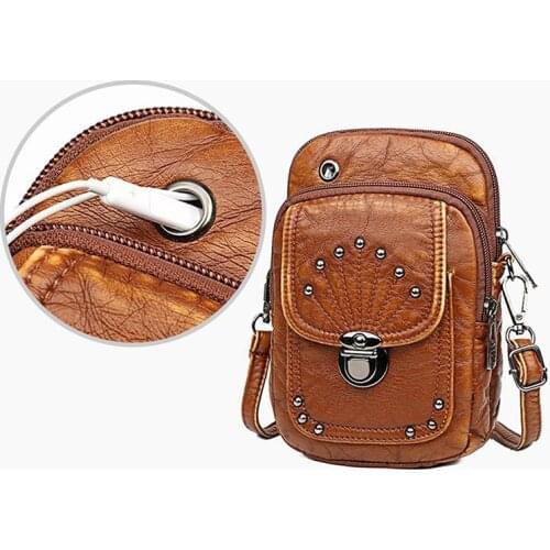 2021 New Soft Leather Messenger Bag Women Mobile Phone Bag Rivet Mortise Lock Black Washed Leather Diagonal Vertical Lady Bags