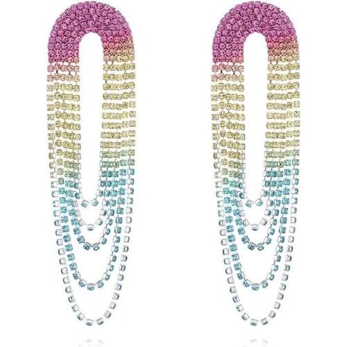 New gradual change multicolor Rhinestone Long Tassel Wedding Earrings for Women Bridal Drop Earrings Brincos Jewelry E703
