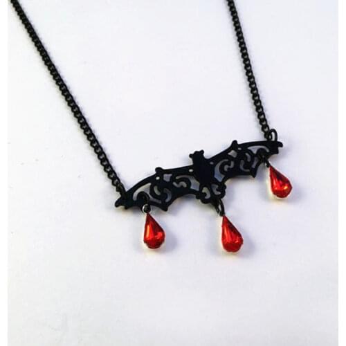 Black Vampire Bat Gothic Necklace, Black Bat and Red Crystal Bead Pendant, Gothic Pagan Halloween Jewelry