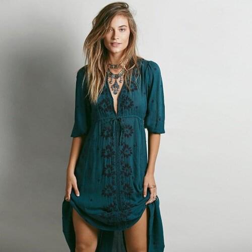Boho Summer 100% Rayon Embroidered Maxi Dress Women V-neck Bubble Sleeve Herm and Waistline Stretchy Dress Seaside Long Vestidos