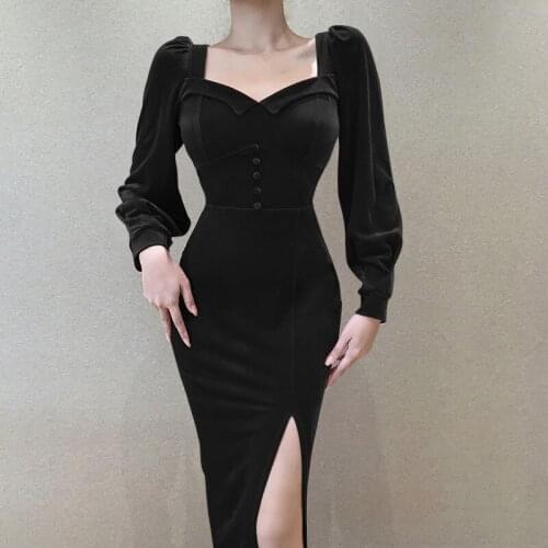 Sexy Women Bodycon Midi Dress Long Sleeve Square Collar Button Solid Dress For Woman Autumn Winter Elegant Slim Split Dresses