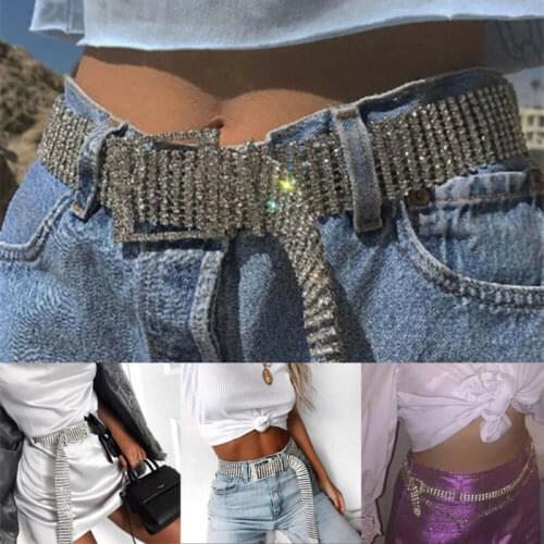 Women Fashion Luxury Belts Rhinestone Silver Glitter Waistband Ladies Bling Crystal Thin Chain Belt Accessories