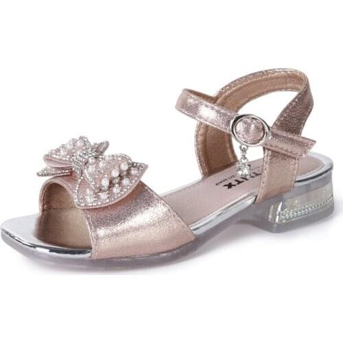 CUZULLAA 2021 Summer Kids Fashion Pearl Butterfly-Knot Beach Sandals Princess Shoes For Girls Glitter Calssic Sandals Size 26-36