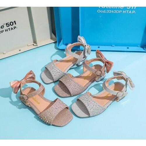 Children Rhinestone Bow Beach Sandals For Girls 2021 Summer Shoes For Kid Princess Elegant Sandals 3 4 5 6 7 8 9 10 11 12 Year