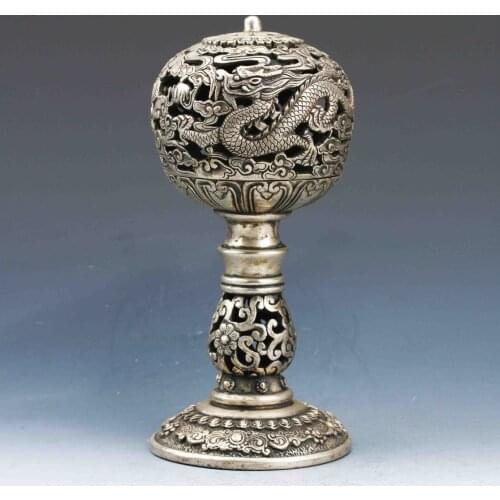 Tibetan Tibet Silver Hand-Carved fengshui lucky Dragon Incense Burner