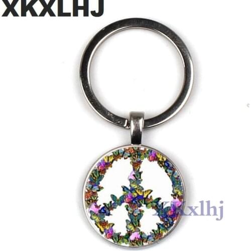 XKXLHJ Novelty Butterfly Combination Peace Sign Keychain DIY Hippie Peace Bus Sign Glass Cabochon Pendant Charm Key Ring Holder