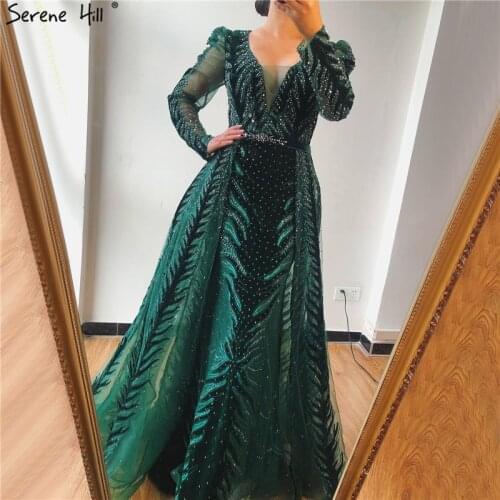 Green Dubai Luxury Long Sleeves V-Neck Evening Dresses Beading Sequined Evening Gowns Design 2020 Serene Hill Plus Size BLA60903