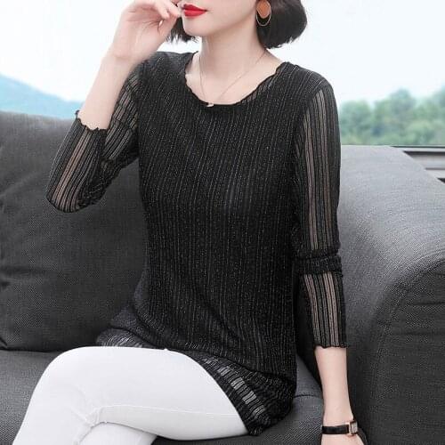 Women Spring Summer Style Mesh Blouses Shirts Lady Casual O-Neck Long Sleeve Mesh Blusas Tops ZZ0362