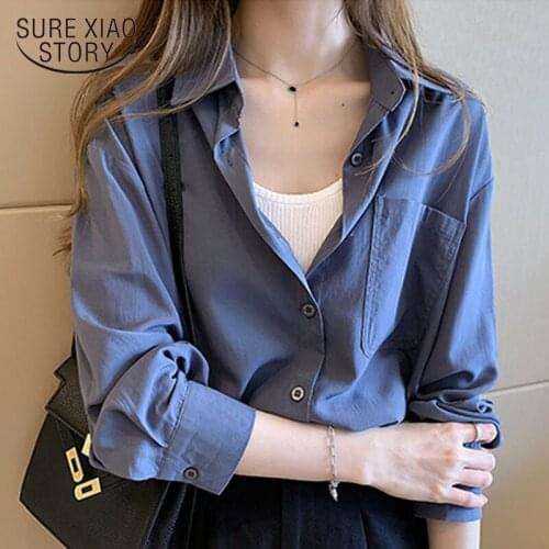 Autumn 2020 Korean Fashion Long Sleeve Shirt Women Office Lady Loose Shirt Solid POLO Collar Cardigan Casual Blouses Tops 10934