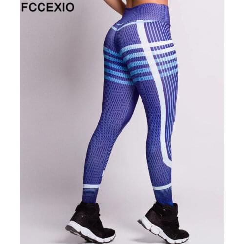 FCCEXIO Blue Stripes 3D Print Womens Pants Push Up Running Sports Leggings Slim Pants Female Casual Trousers Fitness Leggings