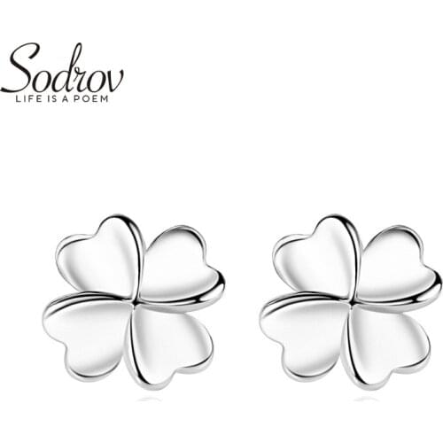 SODROV 925 Sterling Silver Fine Stud Earrings Exquisite Jewelry Gift Female Four Leaf Clover Earrings EE001