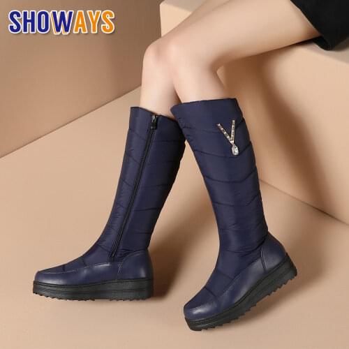 2021 Winter Women Knee-high Snow Boots Waterproof Blue Down Anti-slip Wedge Platform Flat Heels Crystal Ladies Zipper Long Boots