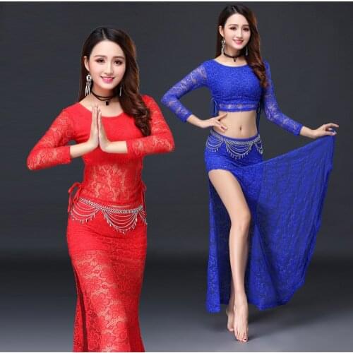 New Belly Dance Costume Female Elegant Goddess Oriental Dance Training Suit For Women Bellydance Clothing Lace Top Skirt DN9427