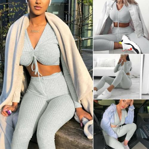 2Pcs Womens Casual Knitting Clothes Set Solid V Neck Ruched Drawstring Slim Crop Tops+High Waist Pants Lounge Wear Suit
