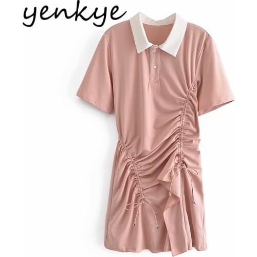 YENKYE Summer Women Drawstring Draped Dress Female Lapel Collar Short Sleeve Casual Dress Mini Vestido