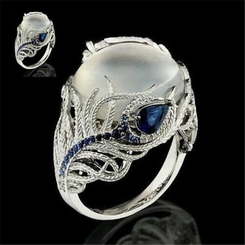 Ring Gift Popular geometry Beauty Blue Peacock Feather Moonstone Silver Color Women Wedding Anniversary Ring