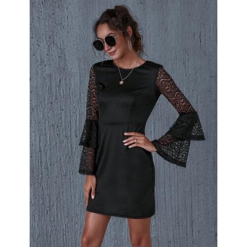 Dress Women Robe Femme Autumn Black Pencil Dresses O-Neck Flare Lace Sleeve Slim Hips Mini Y2K Dress For Woman Vestido De Muje