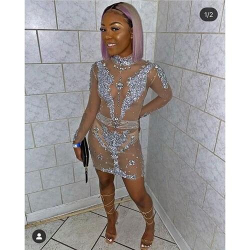 New Sexy Mesh See Through Luxury Crystals Diamonds Dress Women Evening Prom Party Dresses Celebrity Birthday Outfit Stage Wear