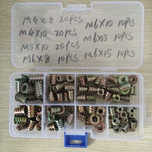 100Pcs/set M4//M5/M6*8/10/13/15Zinc Alloy Thread For Wood Insert Nut Flanged Hex Drive Head Furniture Nuts Assortment Kit