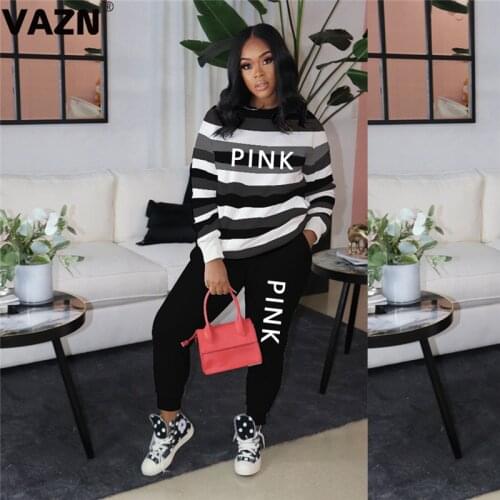 VAZN 2021 Special Design Striped Print O-neck Loose Fashion Elegant Sexy High Street Set Sport Women Young Energetic Set