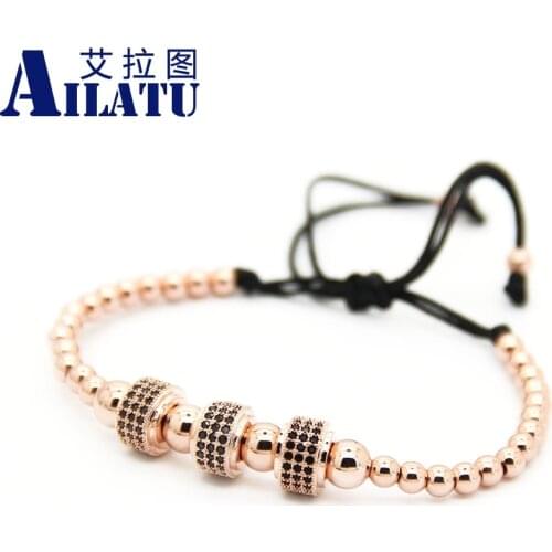 Ailatu Round Beads Weave Three Micro Pave CZ Charm Balls Braiding Macrame Bracelet for Mens and Girl Friend
