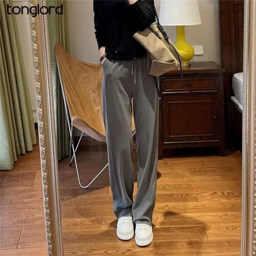 Women Drawstring High Waist Wide Leg Pants Autumn Loose Straight Pant Female Sweatpants Solid Floor-Length Long Trousers 2021