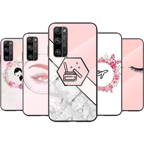 Tempered Glass Cover Pink Eyelash Print For Huawei Honor 30 20 10 9X 8X Pro Plus Lite Shockproof Shell Phone Case