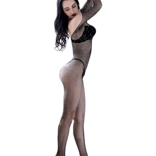 Black Fishnet Mesh Overall Shiny Beads Bodystocking Open Crotch Sexy Lingerie Bodysuit Costume Erotic Sequins Tube Top Lingerie