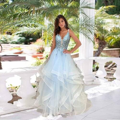 2021 Sky Blue Ruffles Beaded Long Prom Dresses Ball Gown Straps Tulle Sequins Formal Party Dance Dress MSHBLUE