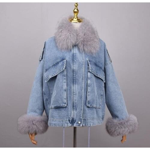 Denim Parka Women Winter Jacket Real Fox Fur Collar Cuffs Rabbit Lining Warm Loose Outerwear Streetwear Removable
