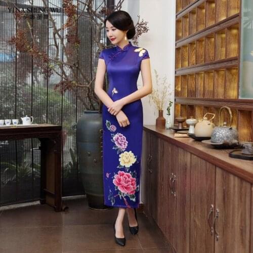 Chinese Traditional Retro Long Cheongsam Dance Show Banquet Stage Catwalk Long Qipao Dress V-neck Slim Sexy Etiquette Cheongsam