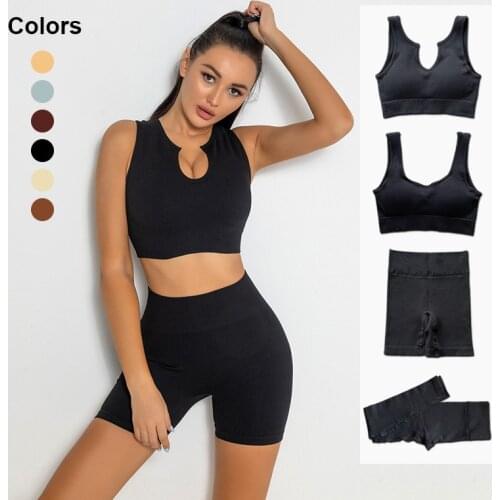 2/3/4Pcs Yoga Outfits Workout Sets For Women Seamless Ribbed Crop Top Bra High Waist Leggings/Shorts Sportswear Gym Clothing